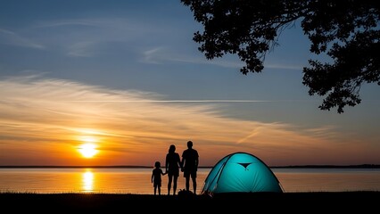 Silhouettes of a family standing by a glowing tent on a beach at sunset with calm water and dramatic sky