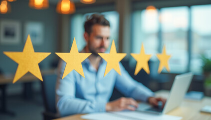 five gold stars against the background of a man with a laptop leaving a review