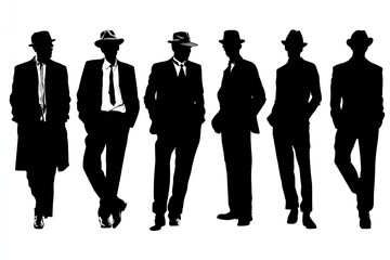 Set man people silhouettes Vintage-inspired male figures in old-school suits and hats full black silhouettes isolated on white background