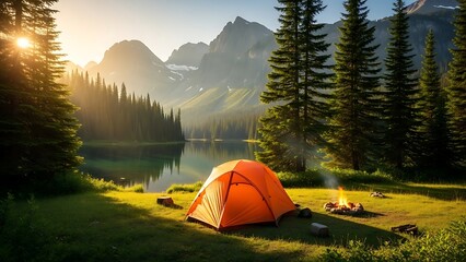 Serene alpine lake campsite at sunrise with an orange tent and campfire nestled amongst tall pine trees with majestic mountain peaks in the background