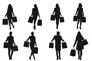 Set people silhouettes carrying shopping bags retail concept stark white no extra elements full black silhouettes isolated on white background