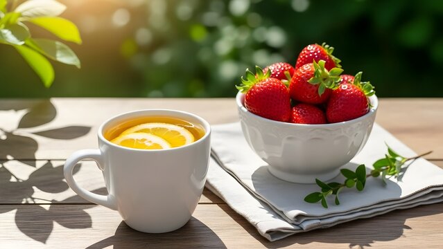 Refreshing lemon tea with fresh strawberries served outdoors on a wooden table with sunlit garden background for a healthy summer breakfast concept and leisurely lifestyle - Powered by Adobe