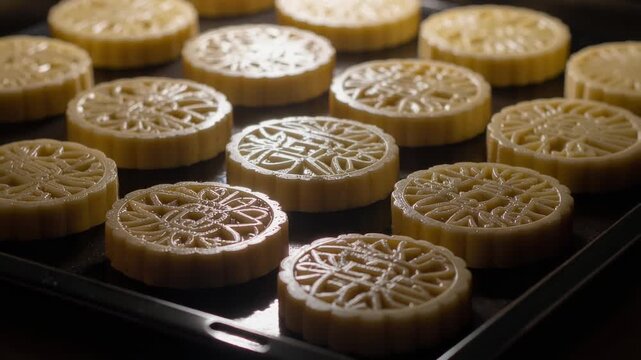 AI-Generated Video of  Close-up of glossy, unbaked mooncakes with traditional Chinese patterns and characters. The fusion molds combine cultural symbolism with modern baking aesthetics.