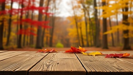 Empty rustic wood table with autumn leaves and blurred forest