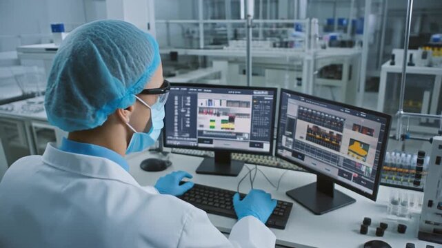 Scientist in sterile lab working at dual-monitor station with advanced equipment showcasing precision science and technological integration