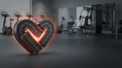 ultra photorealistic product photo of pulsating heart shaped as gym treadmill on graphite gray gym background