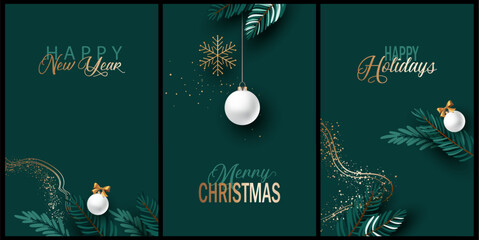 Set of elegant Christmas and New Year green holiday banners in a minimalist flat style with Christmas design elements