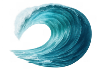 Large blue ocean wave forming a powerful curl, showing marine water fluidity, breaking crest, and splashing foam. Transparent background