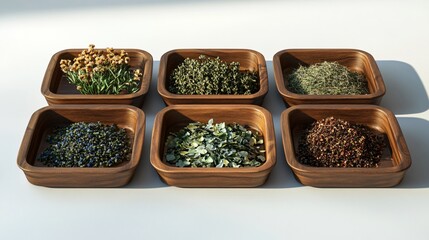 Assorted herbs presented on wooden trays