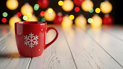 Winter holiday red mug with snowflake on white wood background