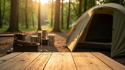 Cozy campsite scene with a tent and campfire pit bathed in warm golden hour sunlight filtering through tall pine trees in a serene forest setting