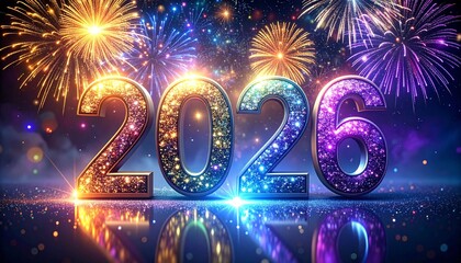 New Year 2026: Sparkling 3D text celebration under spectacular fireworks and vibrant night sky display.