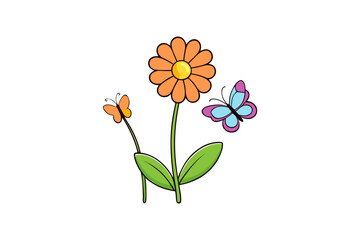 Spring flowers and butterfly vector illustration isolated on white background