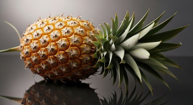 A vibrant, textured pineapple with spiky skin and a crown of green leaves. Reflected