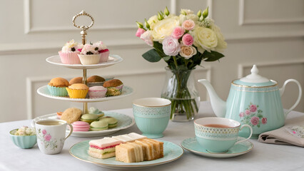 Pastel High Tea Setup with Royal Doulton Tea Set and Assorted Sweet Treats