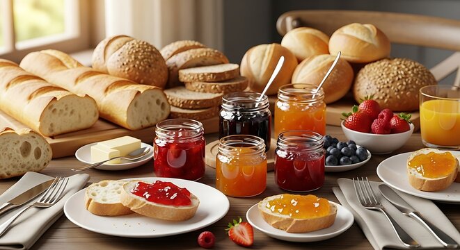 Delicious Breakfast Spread with Bread, Jams, and Fruits.