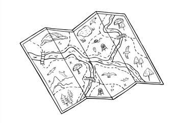 Laid out map with natural landmarks vector isolated illustration painted by black inks. Tourist map with a schematic image of river, lake, trees, mountains, birds, and paths monochrome flat.