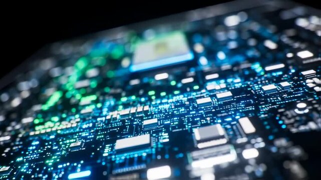 A glowing microchip close-up showcases a detailed circuit board, with blue and green LED lights