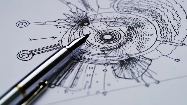 A pen tip hovers over a detailed ink drawing with circular and linear elements, on a white surface