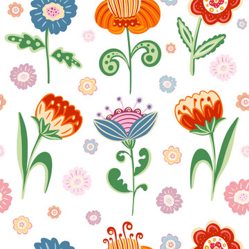 Whimsical Folk Style Flowers in Vivid Colors on White Background &ndash; Seamless Repeat Pattern Illustration