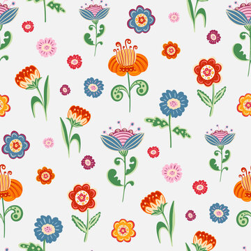 Whimsical Folk Style Flowers in Vivid Colors on White Background &ndash; Seamless Repeat Pattern Illustration