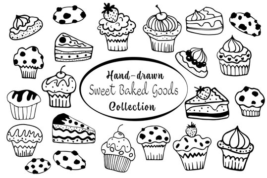 Pastry collection black and white, sweets, cakes, muffins, cupcake doodles, hand-drawn bakery goods