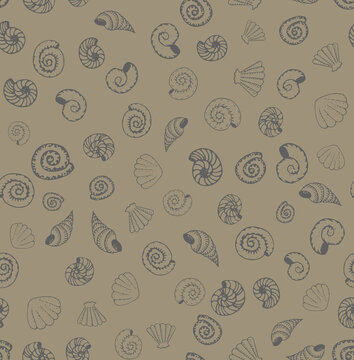Hand-drawn doodles of shell variations on a pastel background, seashell seamless pattern
