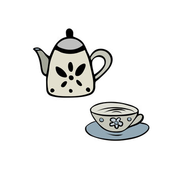 A cute hand-drawn teapot and a cup, tea time simplistic icons in pastel colors