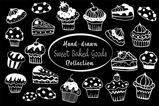 Pastry collection white on black, sweets, cakes, muffins, cupcake doodles, hand-drawn bakery goods