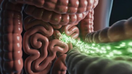 Medical animation of digestive system and intestines with glowing particles