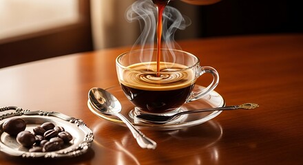 Pouring coffee into a glass cup on a wooden table.