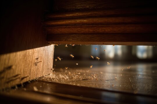 Tiny termite swarm emerging from a wooden crevice indoors