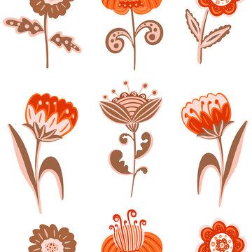 Whimsical Folk Style Flowers in Red Orange Colors on White Background &ndash; Seamless Botanical Repeat Pattern
