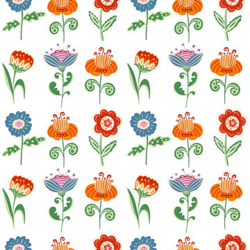 Whimsical Folk Style Flowers in Vivid Colors on White Background &ndash; Seamless Repeat Pattern Illustration