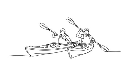 Continuous line drawing of two people kayaking together on the water enjoying a peaceful outdoor adventure with paddles in hand representing teamwork and recreation
