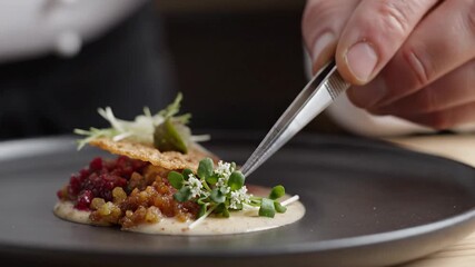 Chef carefully garnishing a gourmet dish with microgreens using tweezers, showcasing culinary precision and fine dining presentation.