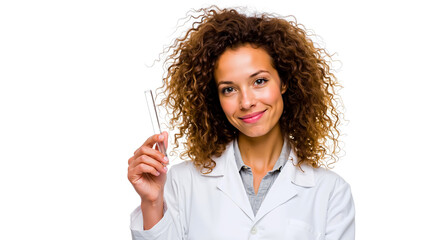 A smiling woman with curly hair wearing a white lab coat and holding a test tube