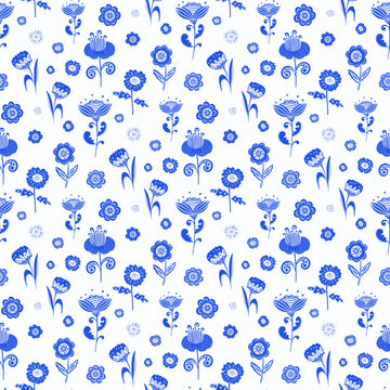 White blue folk flower background, a whimsical botanical seamless pattern, a funky floral variation on a white background