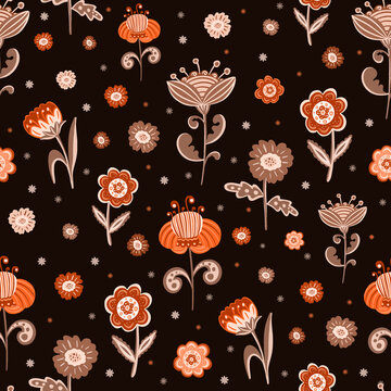 Whimsical Folk Style Flowers in Vivid Colors on Dark Background &ndash; Seamless Repeat Pattern Illustration