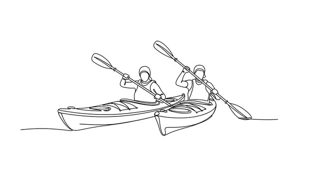 Continuous line drawing of two people kayaking together on the water enjoying a peaceful outdoor adventure with paddles in hand representing teamwork and recreation - Powered by Adobe