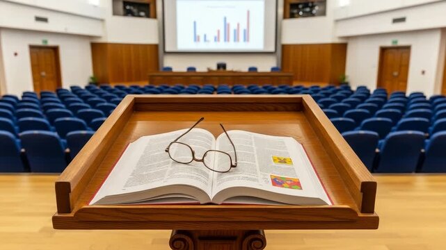 Open book and glasses on lectern in empty conference room  