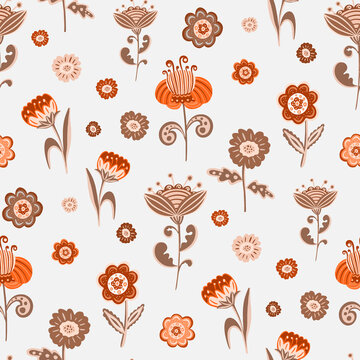 Whimsical Folk Style Flowers in Red Orange Colors on White Background &ndash; Seamless Botanical Repeat Pattern