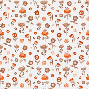Whimsical Folk Style Flowers in Red Orange Colors on White Background &ndash; Seamless Botanical Repeat Pattern