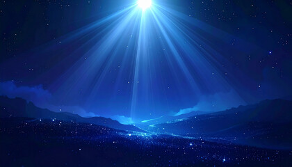 深い青の夜空に輝く星と神秘的な光芒の風景