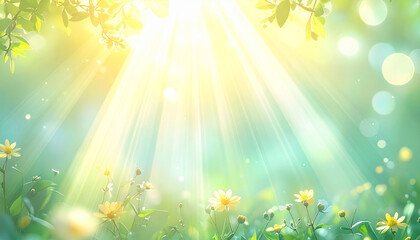 Obraz premium 春の陽射しに輝く黄色い花と柔らかな緑の自然風景