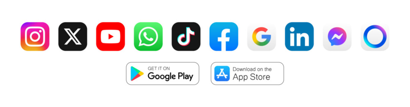 Social media logo icons with Google Play and App Store download buttons
