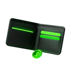 Modern black leather wallet with glowing neon green accents, credit cards, and a dollar coin. wallet, money, finance, credit card, dollar coin