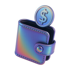 Glossy Iridescent 3D Wallet with Dollar Coin. wallet, dollar coin, 3d render, holographic, finance