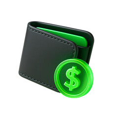 3D Black Wallet and Glowing Green Dollar Coin on Black Background. wallet, dollar, money, finance, 3d