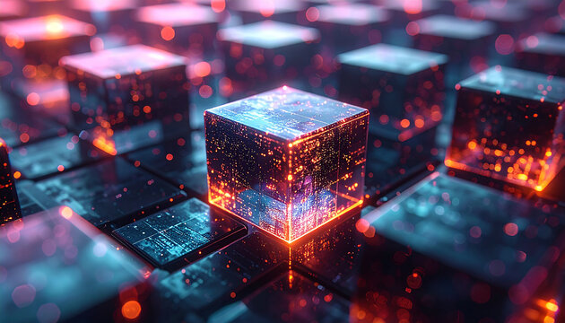 Abstract Cubes in Data Matrix: Futuristic abstract image of interconnected cubes forming a complex data matrix, with glowing orange lights and intricate details.